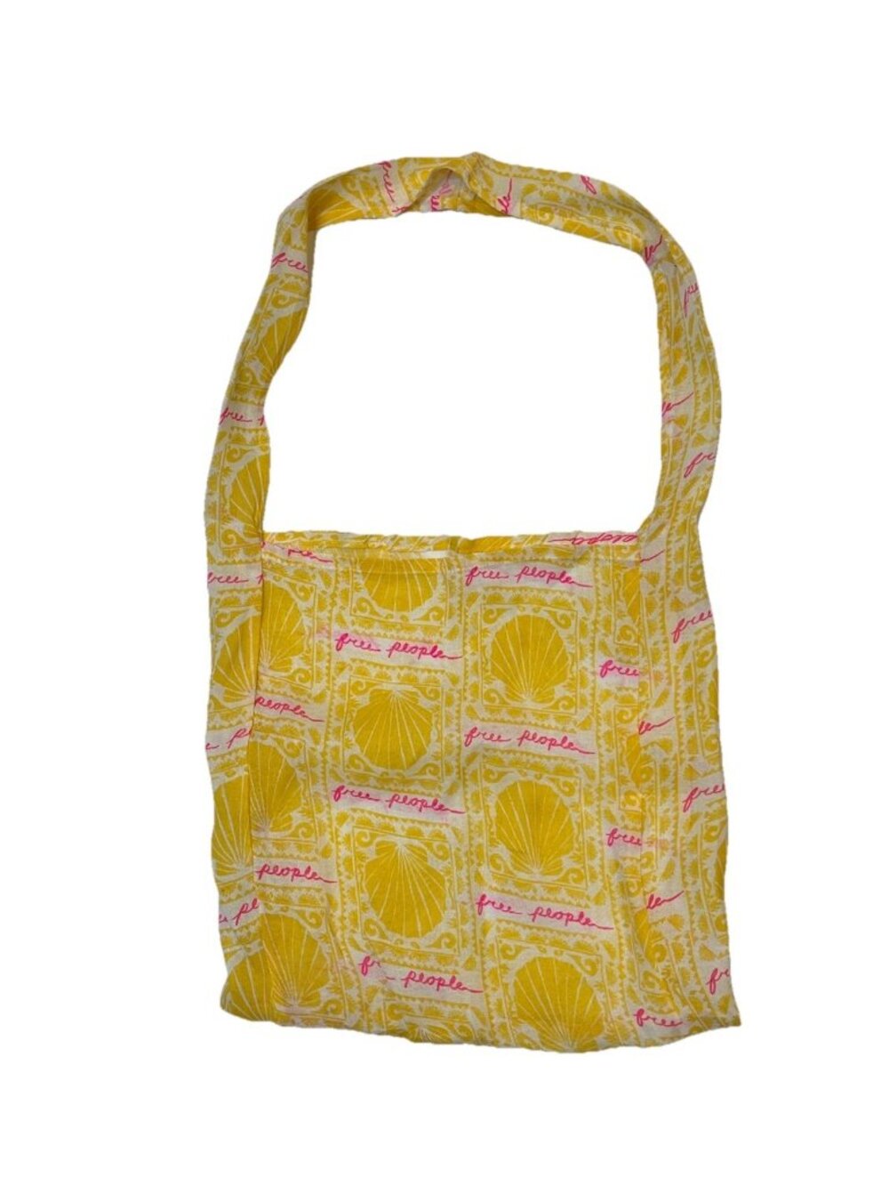 Free People Yellow Pink Shell Print Canvas Tote Bag Boho Beach Shopper 15 x 15